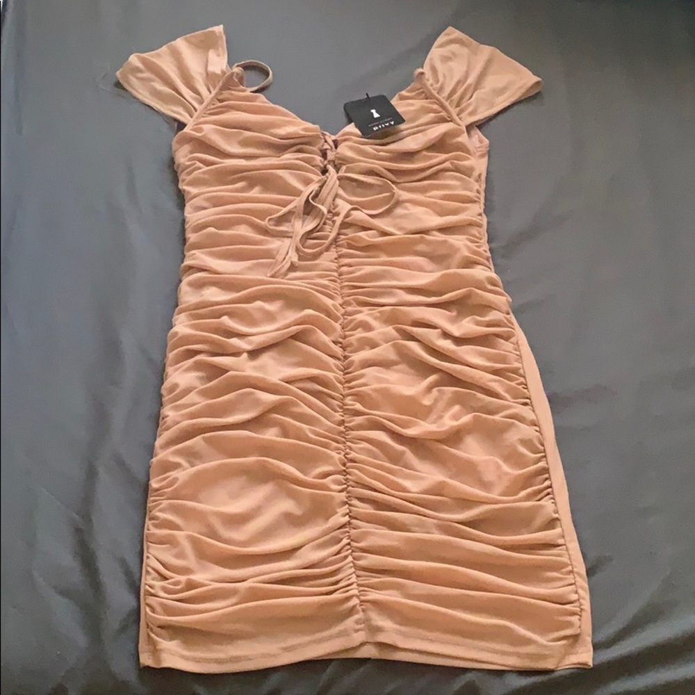 Nude Scrunched BodyCon Midi Dress